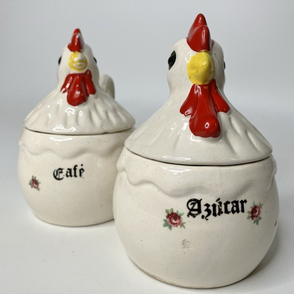 Vtg Rooster & Chicken Hen Coffee & Sugar Bowls Spanish Folk Art White Farmhouse